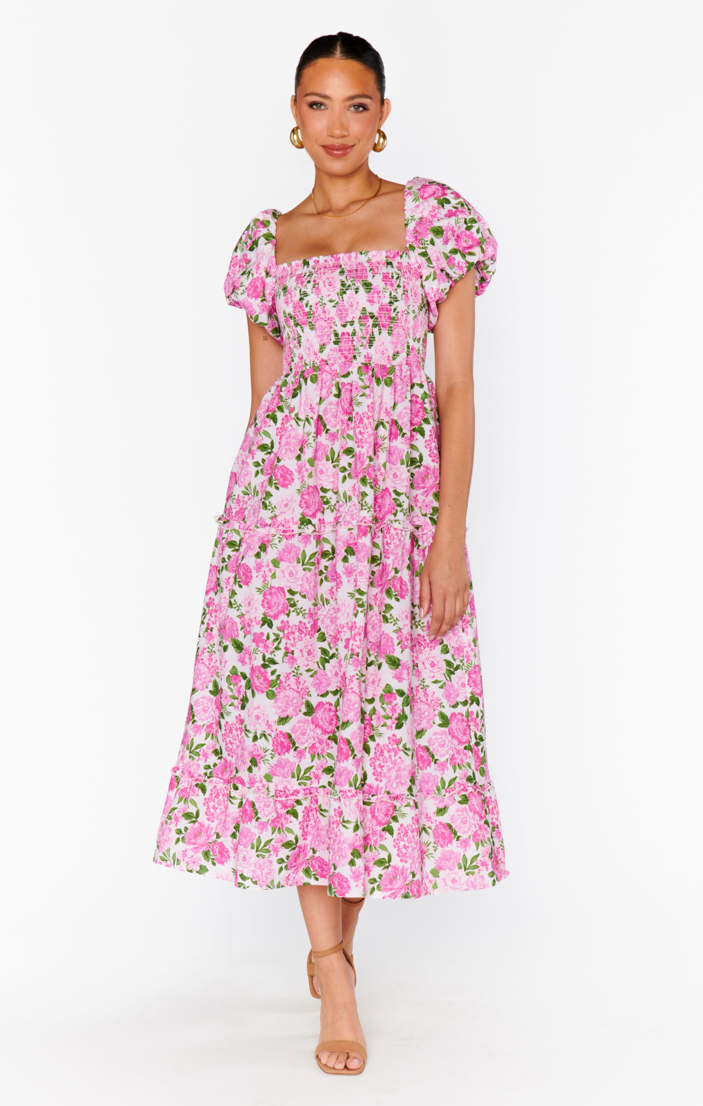 midi tea dresses for women Afternoon Dress ~ Cottage Floral Pink – Show Me Your Mumu Color:Z_pink Fully Lined Structure adele Pale blue with light
