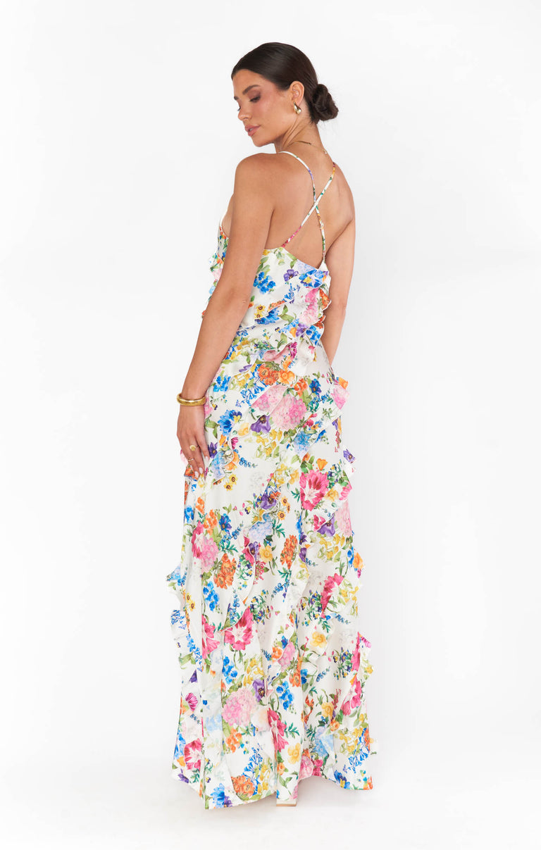 colorful floral maxi dress Still the One Blush Pink Floral Print Satin Maxi Dress