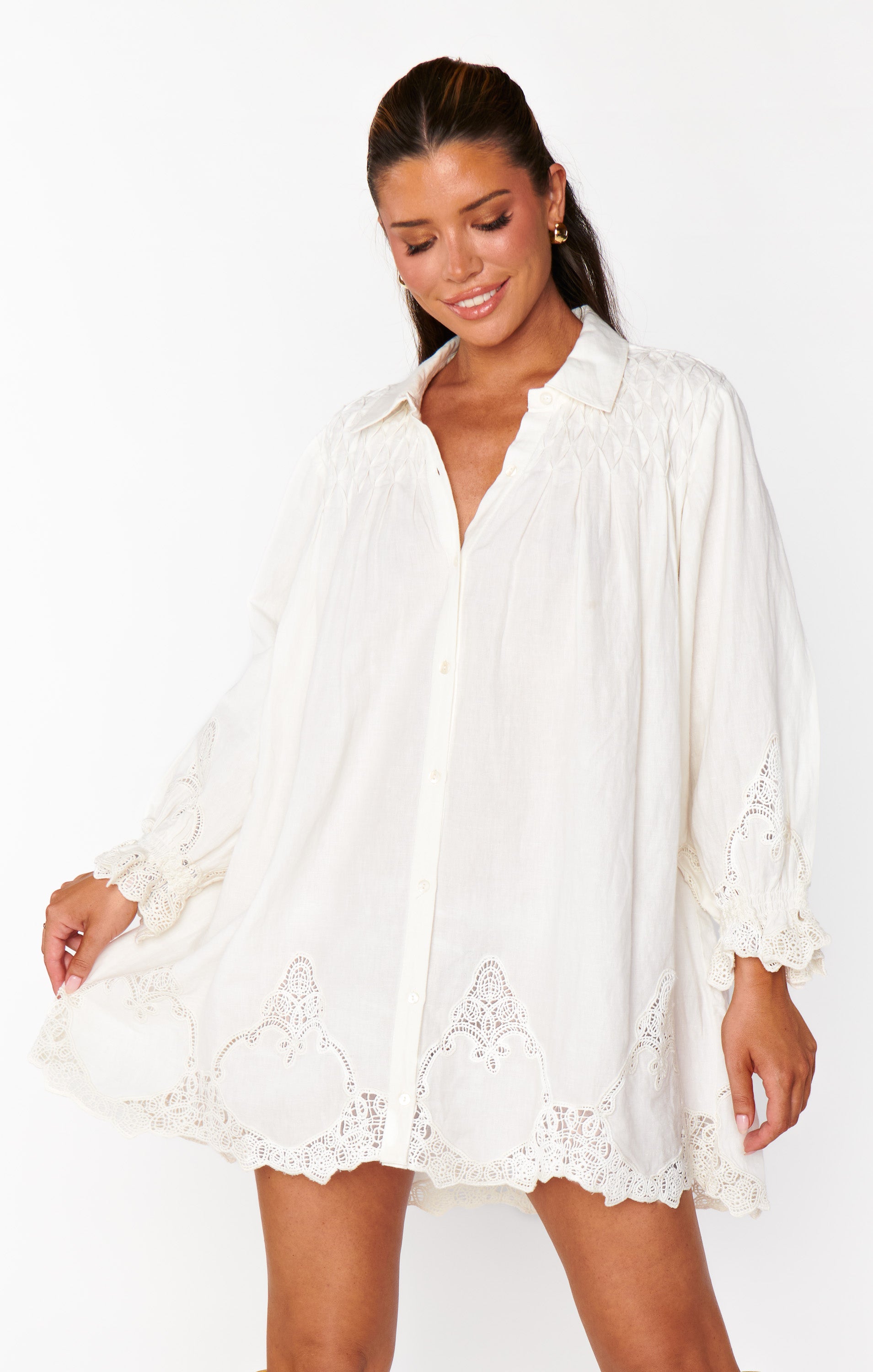 Leona Mini Dress, in White Lace Embroidery, Size: Medium