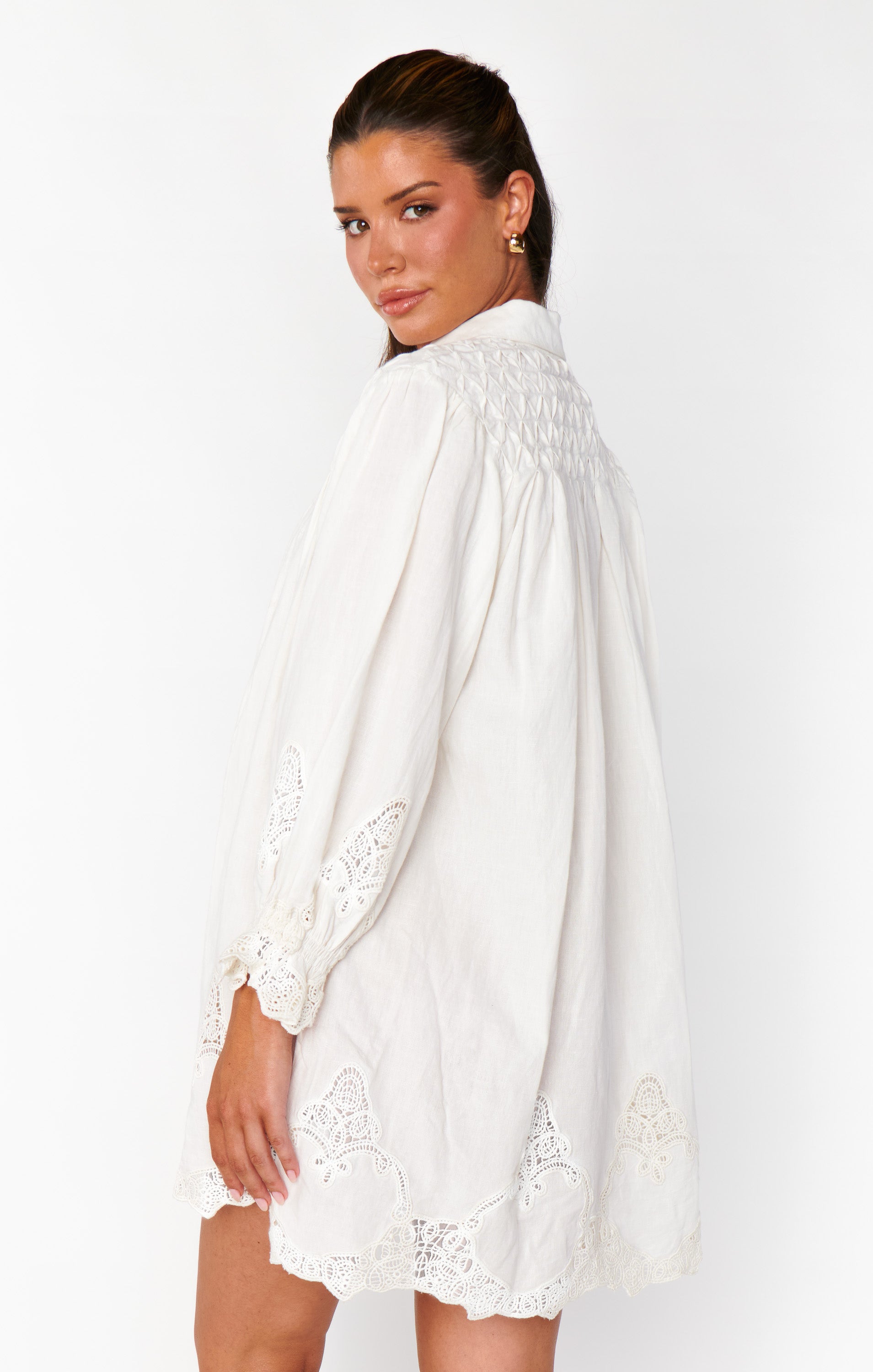 Leona Mini Dress, in White Lace Embroidery, Size: Medium