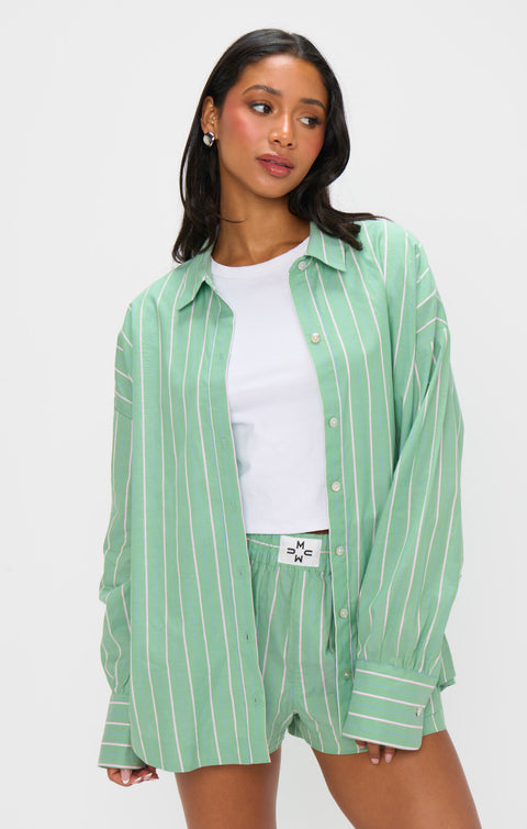 Long Sleeve Pistachio Button Down Top W/ Studding Details