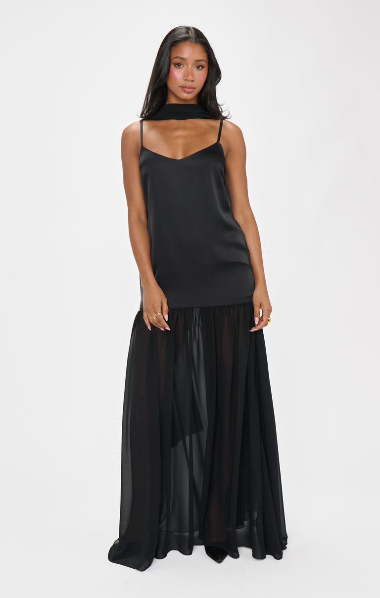 Dalia Maxi Dress ~ Black Luxe Satin