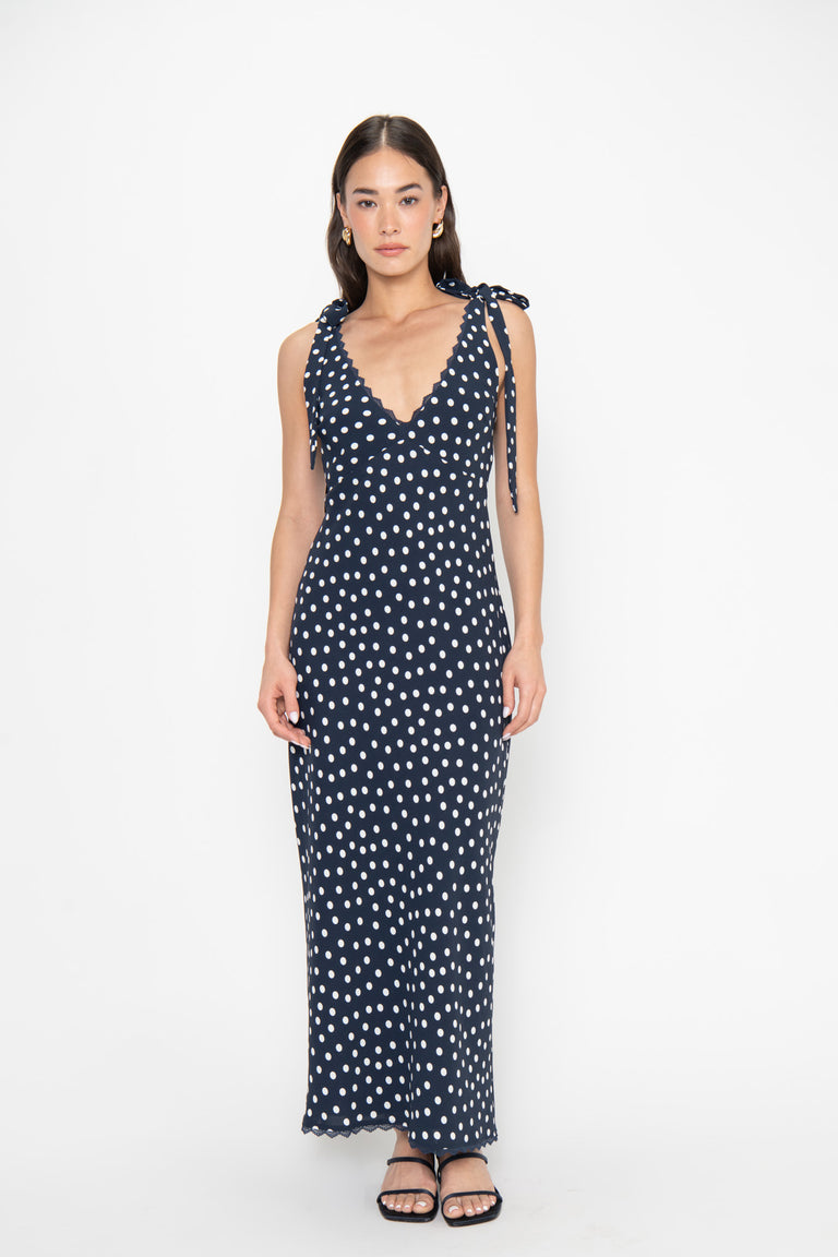 chinese dress ladies Juliette Navy Blue Polka Dot Chiffon Maxi Dress