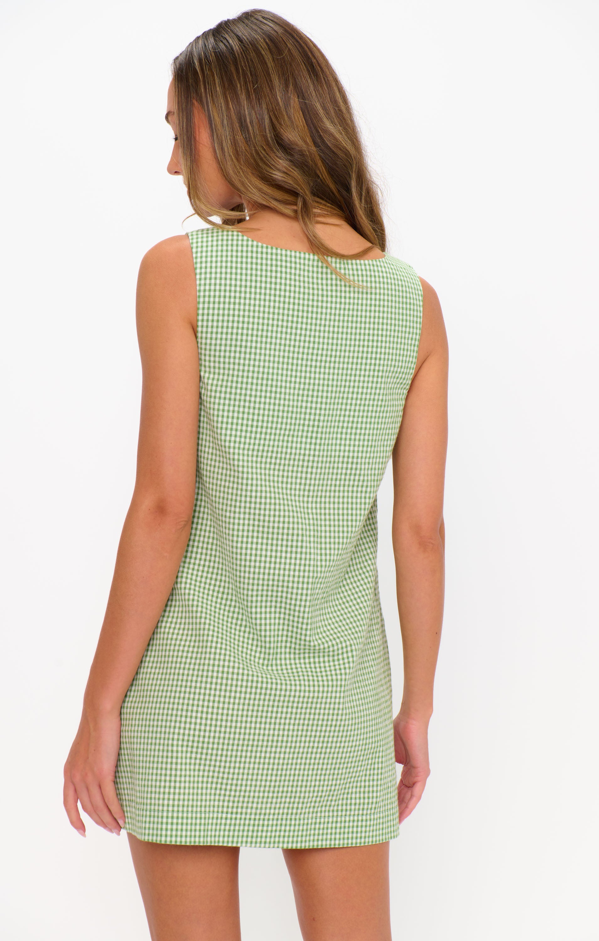 embroidered floral green gingham mini delaney dress Munasa One Shoulder Mini Dress in Mini Gingham Green