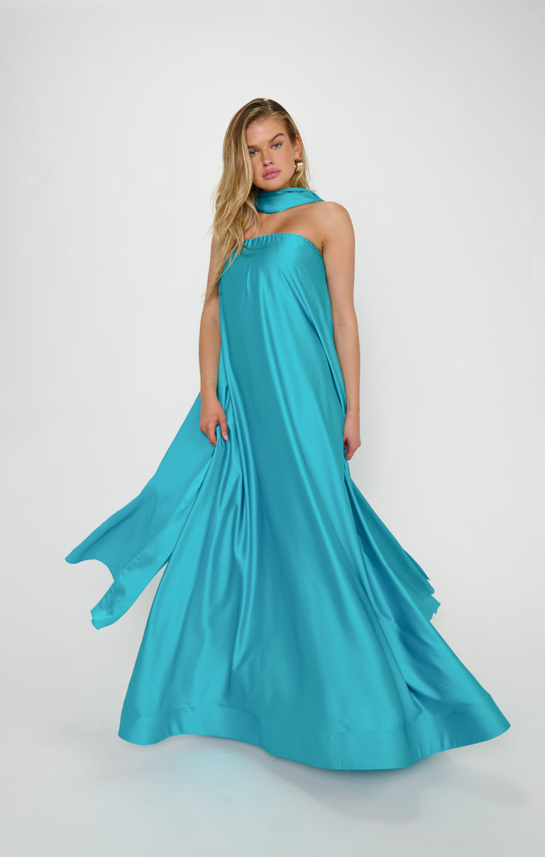 halter tube dress Tinsley Dress, in Teal Luxe Satin, Size: XS | Show Me Your Mumu Halter maxi dress