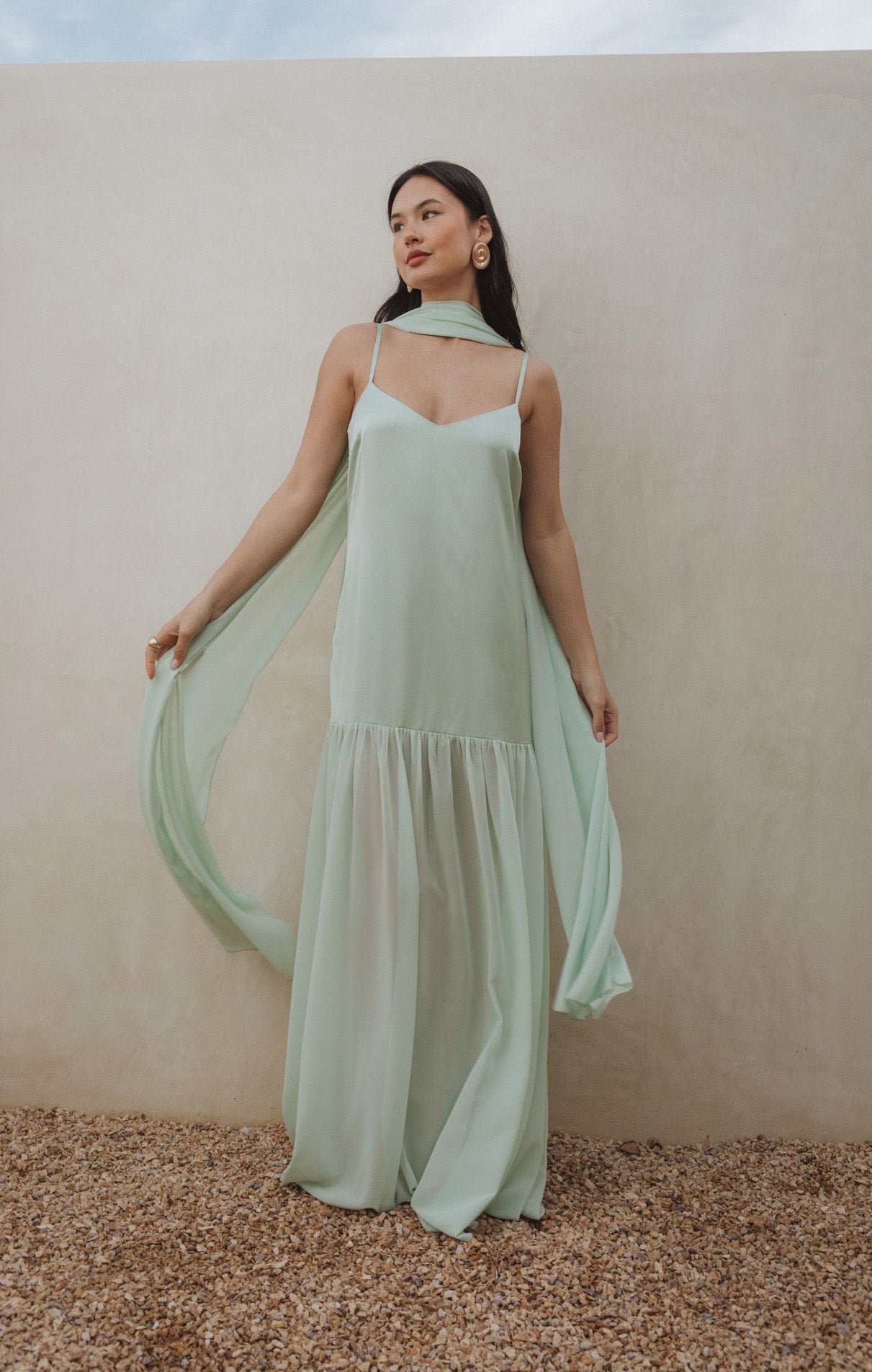 Dalia Maxi Dress, in Pistachio Luxe Satin, Size: Small | Show Me Your Mumu