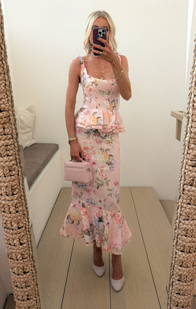 Pauline Peplum Dress, in Powder Pink Blooms Taffeta, Size: 2XL | Show Me Your Mumu | Bridesmaid Dresses & Wedding Attendee Dress