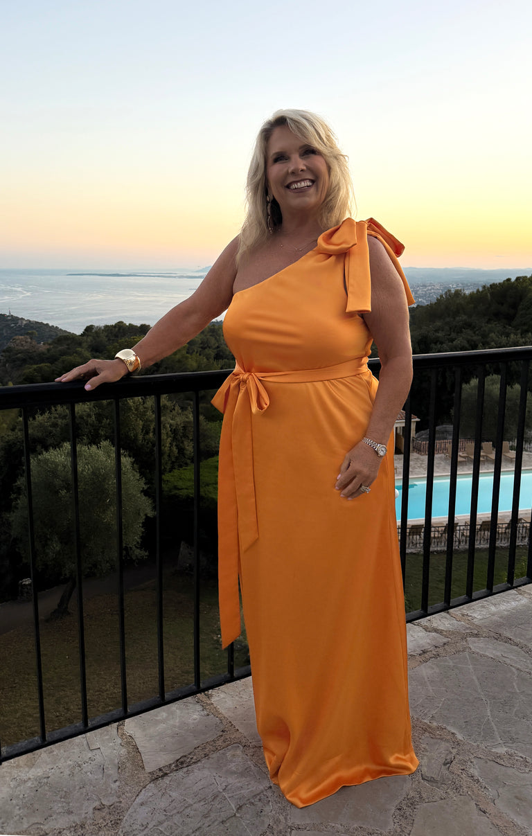 Jackie Maxi Dress ~ Tangerine Fluid Satin – Show Me Your Mumu