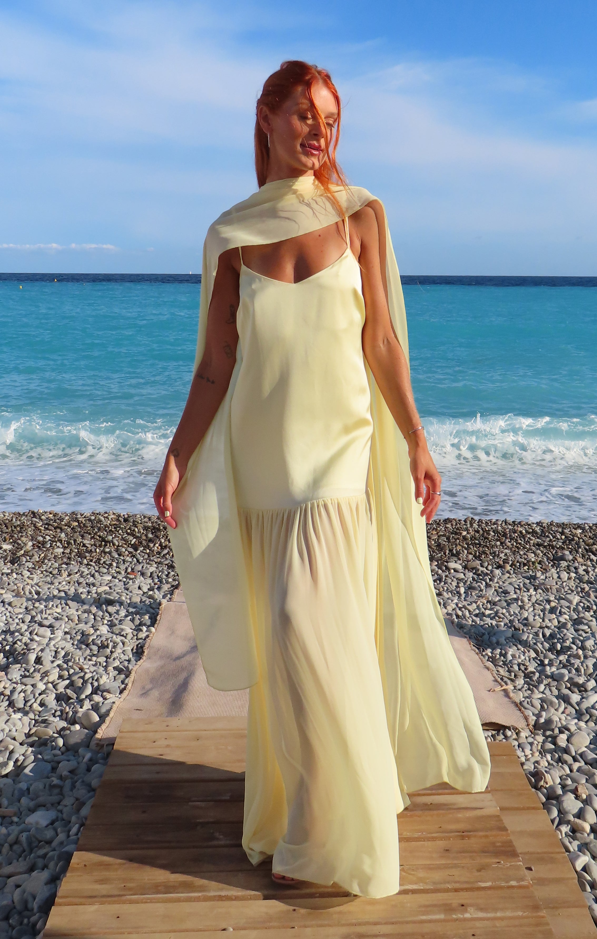 show me your mumu yellow dress Dalia Maxi Dress, in Pale Luxe Satin | loose dresses for women Lovers and Friends Cream Style with strappy heels Color:Without Shawl