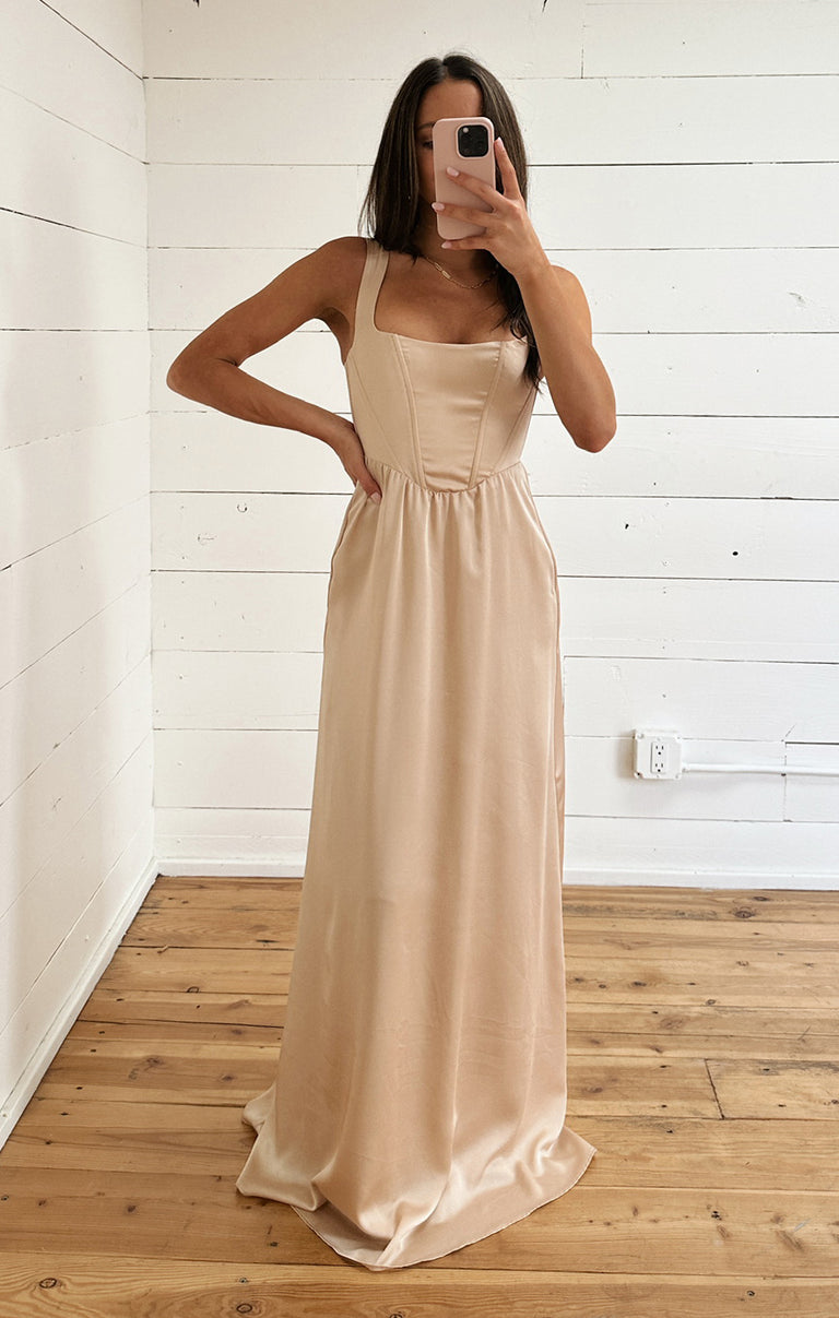Nina Maxi Dress, in Champagne Luxe Satin, Size: Xs | Show Me Your Mumu