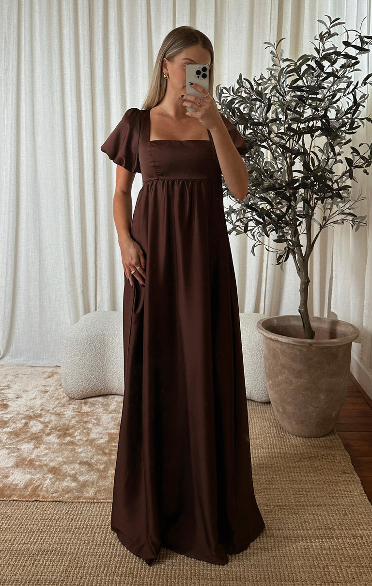 brown dress xl Nora Maxi Dress, in Chocolate Luxe Satin, Size: Small | Show Me Your Mumu Size:US 8.5/ EUR 41.5