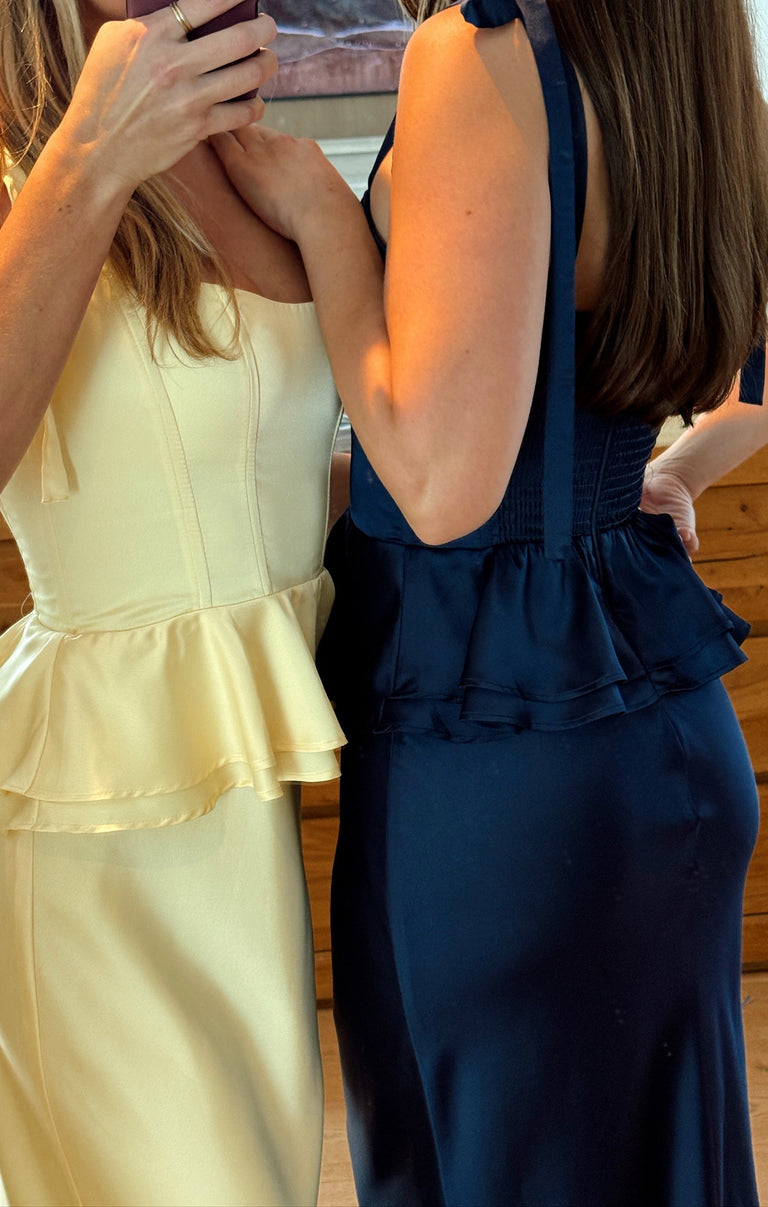 navy blue peplum dress Womens Friends Like These Navy 2-In-1 Belted Peplum Satin Midi Dress US 16