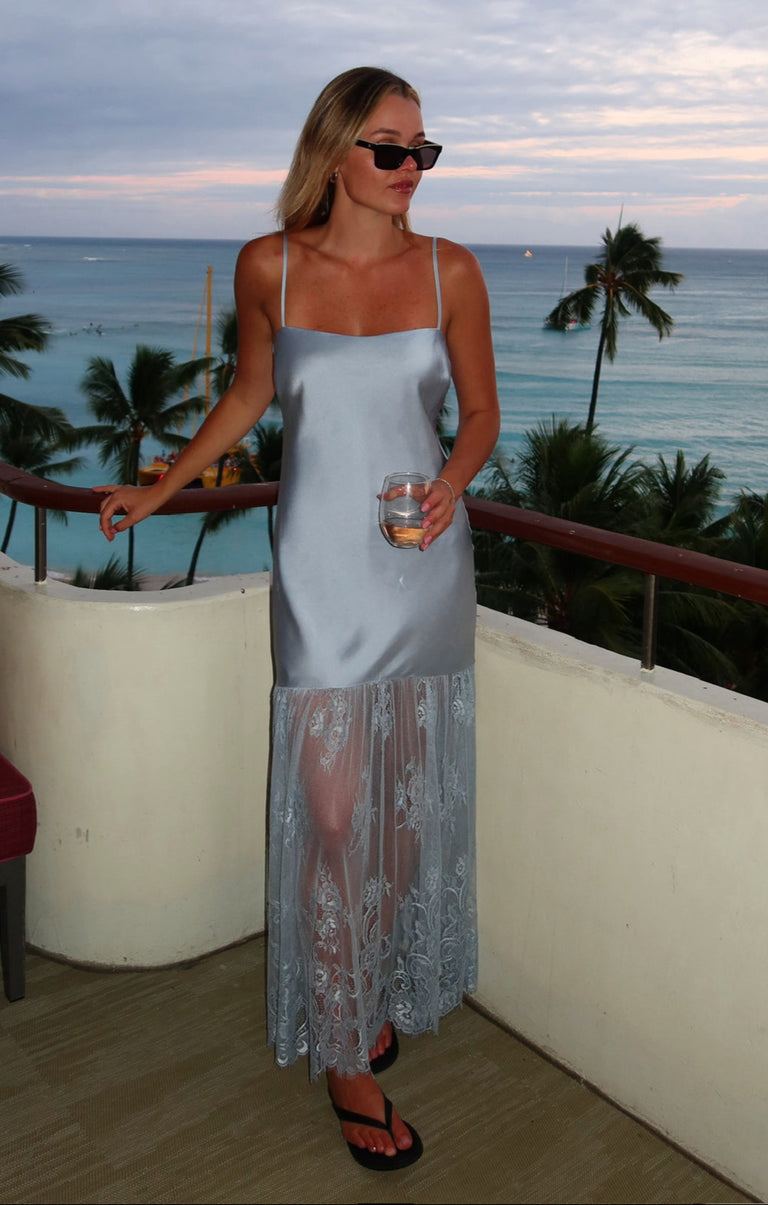 Vanity Dress, in Steel Blue Luxe Satin, Size: Large | Show Me Your Mumu