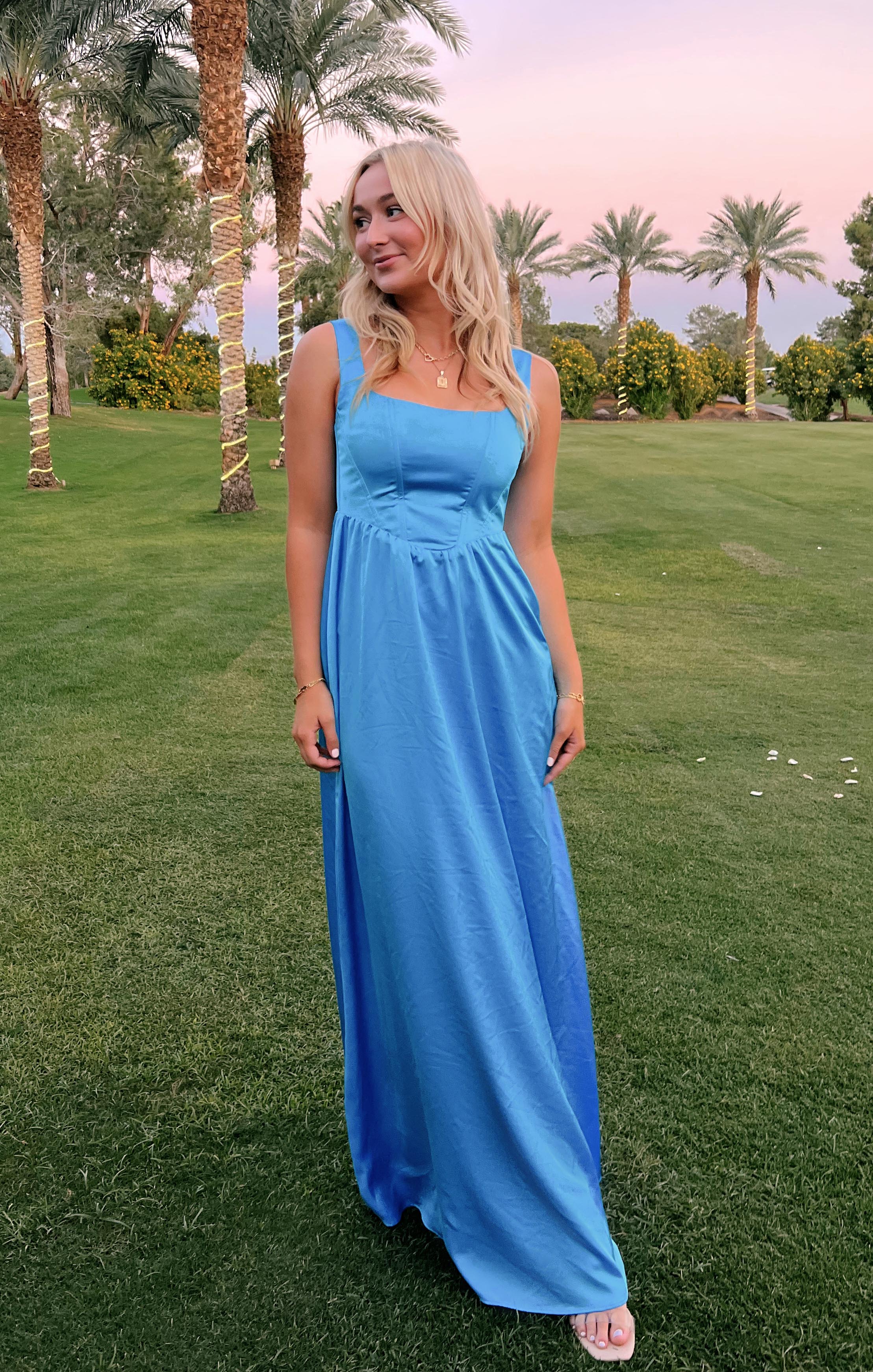 Nina Maxi Dress Azure Blue Luxe Satin – Show Me Your Mumu