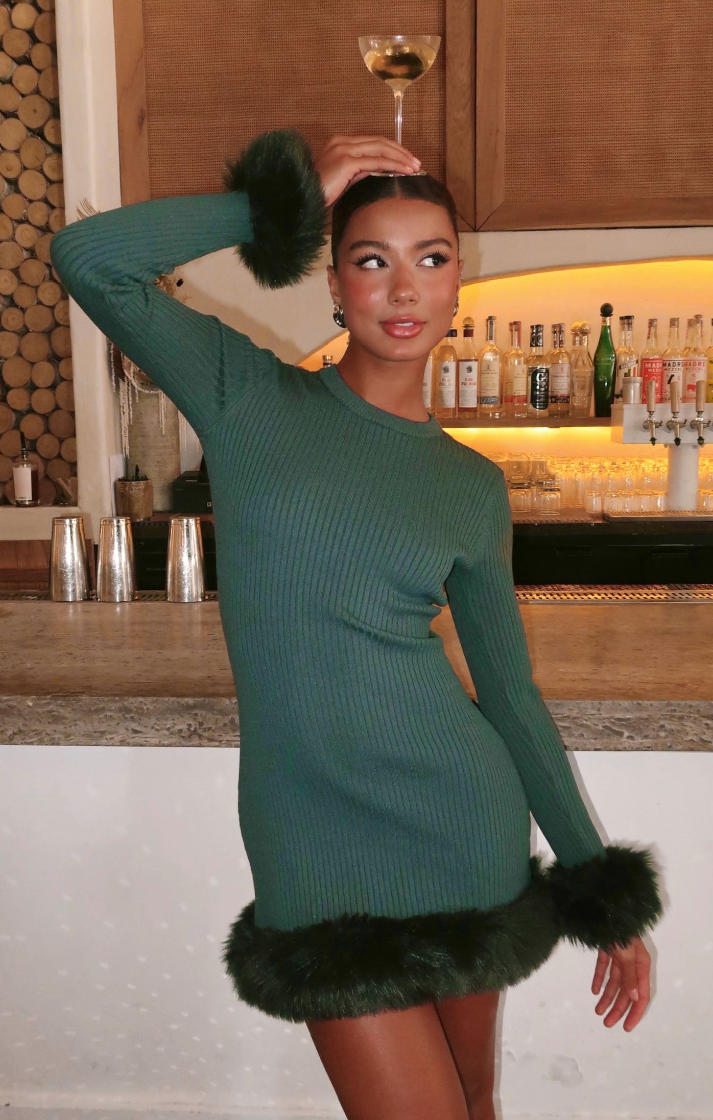 green faux fur dress Fran Mini Dress ~ Emerald Knit with Faux Fur XS