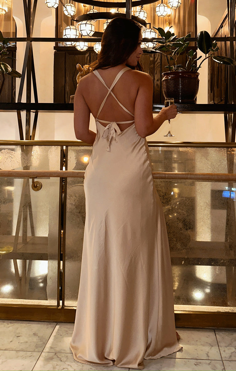 faith maxi dress champagne luxe satin Anderson Maxi Dress, in Champagne Luxe Satin, Size: XL | Show Me Your Mumu
