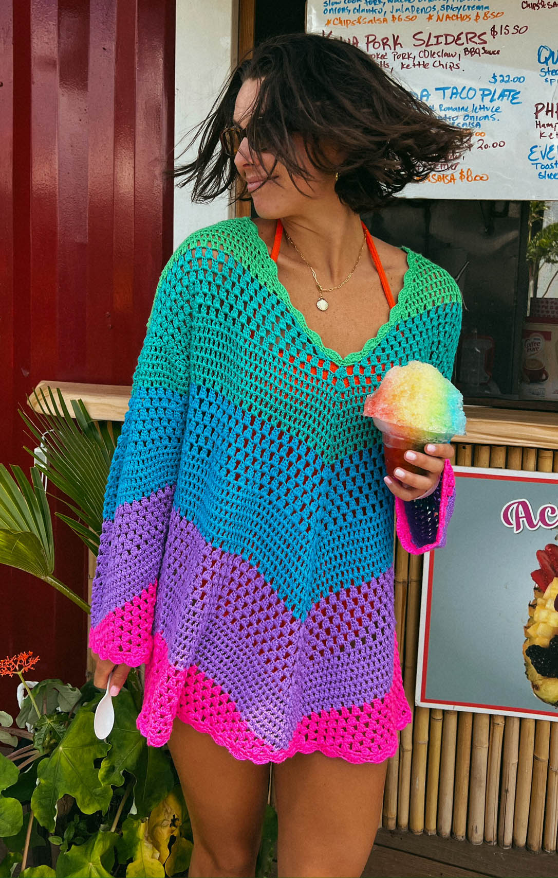 Paula V Neck Pullover Chevron Stripe Crochet XS