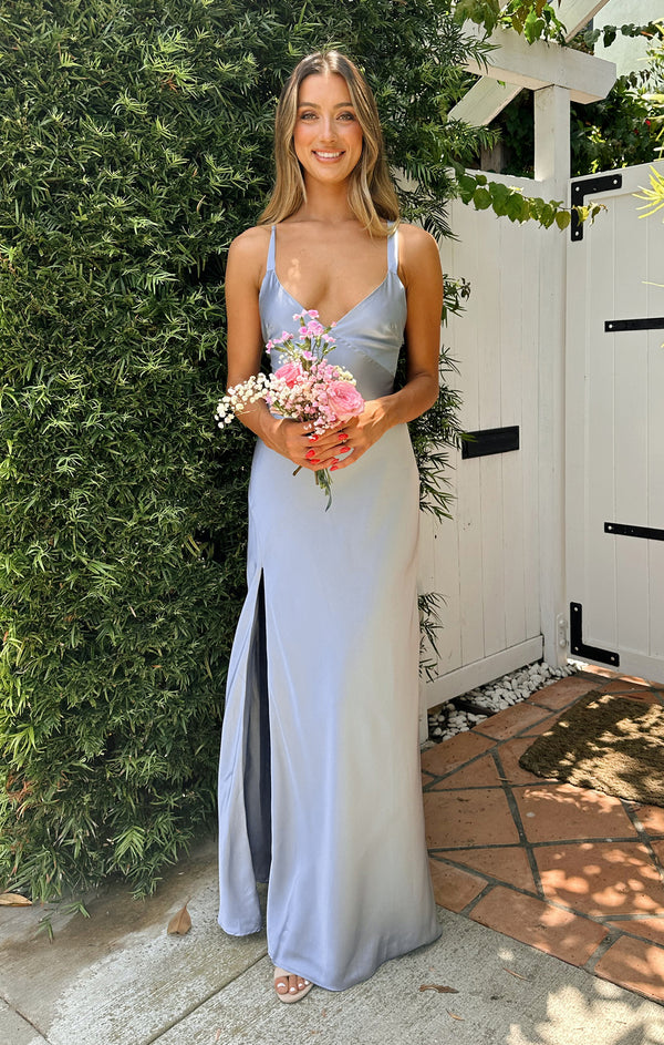 Anderson Maxi Dress ~ Steel Blue Luxe Satin – Show Me Your Mumu