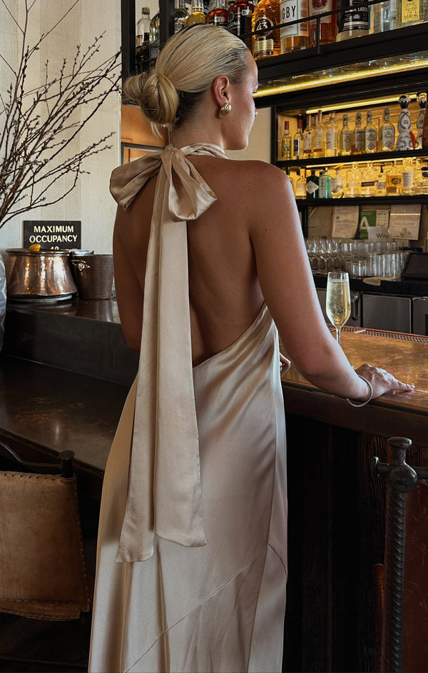 Lulu Satin Off The Shoulder Maxi Gown (Champagne)