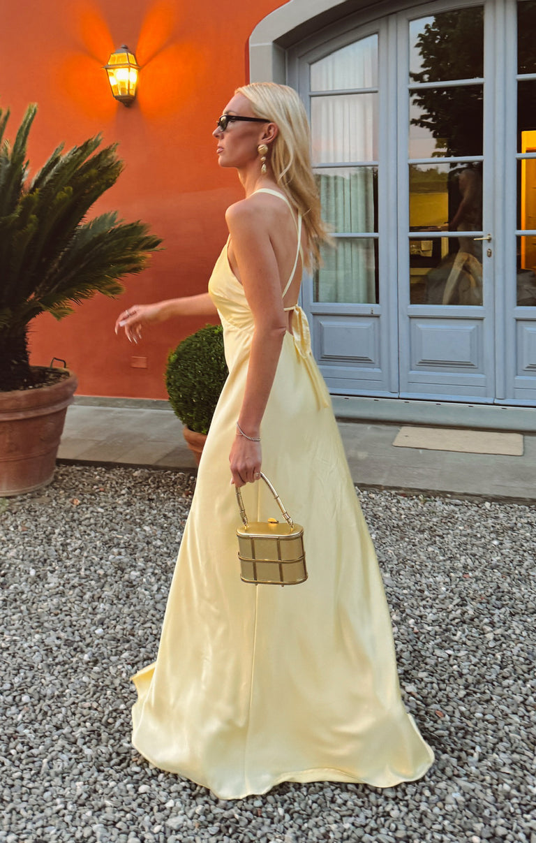 Anderson Maxi Dress, in Pale Yellow Luxe Satin, Size: XL | Show Me Your Mumu