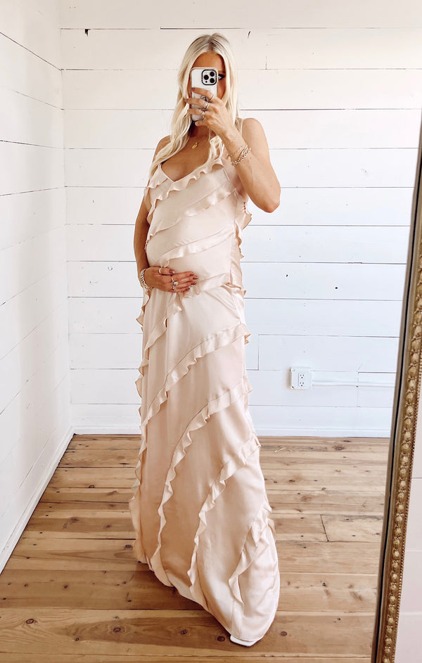 Romance Ruffle Dress ~ Champagne Luxe Satin – Show Me Your Mumu Romance Ruffle Dress ~ Champagne Luxe Satin – Show Me Your Mumu