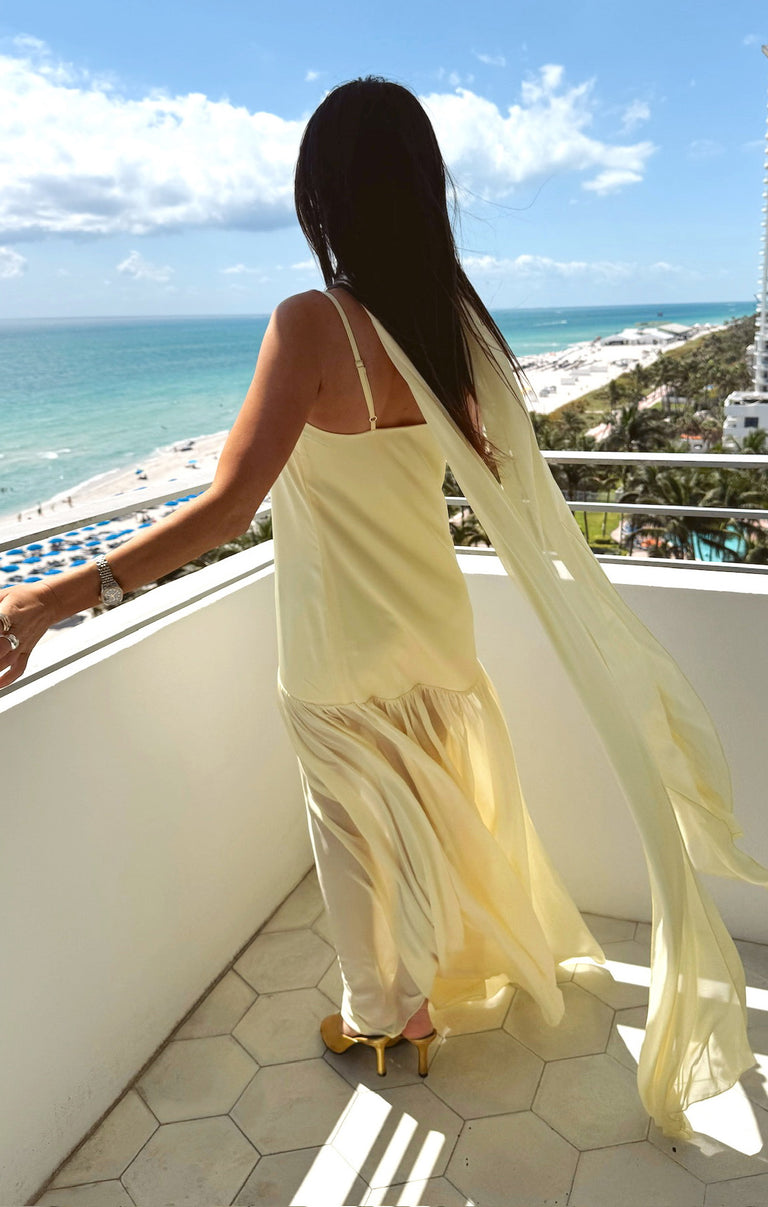 Dalia Maxi Dress, in Pale Yellow Luxe Satin | Show Me Your Mumu