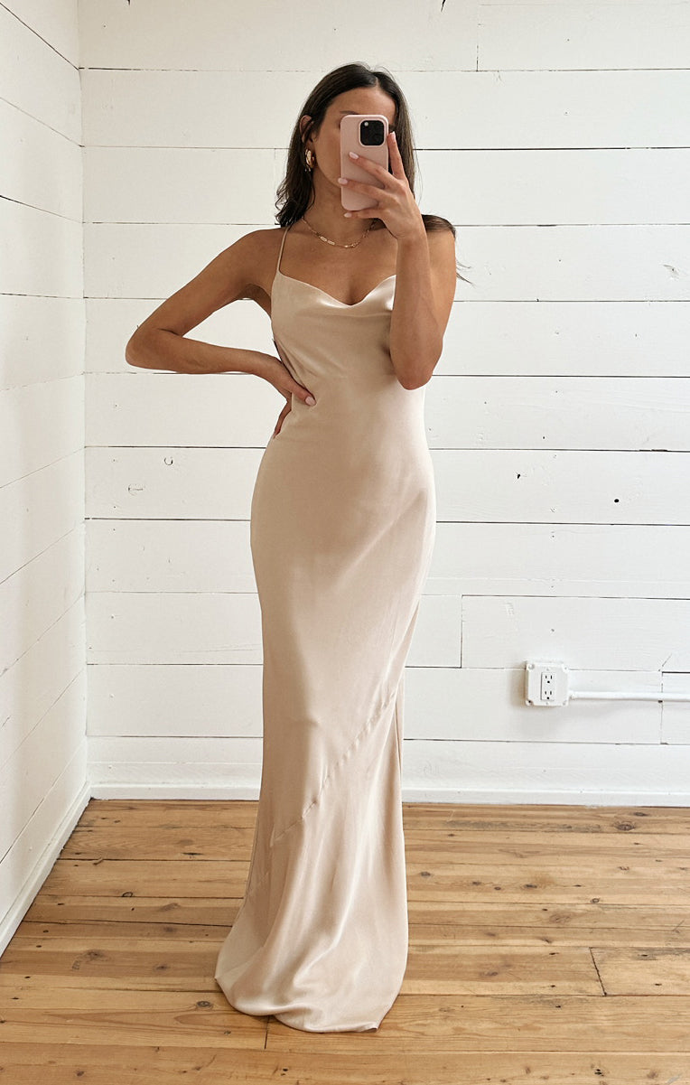 long slip dress Tuscany Maxi ~ Champagne Luxe Satin XXL Chicwish White Midi Dress 37 inches or 84 Size:68 Long Collection-Dresses
