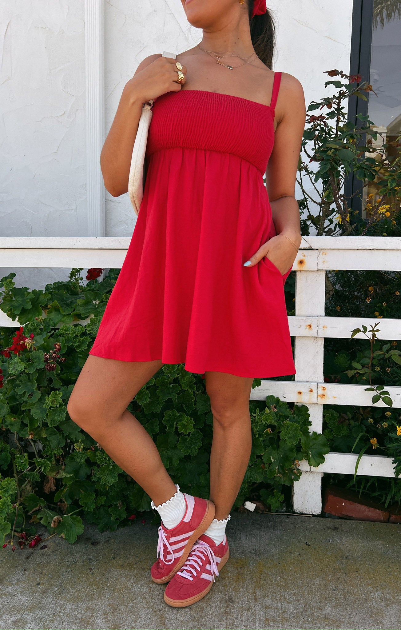 strapless open back dress Linen Mini in Red Red / Small
