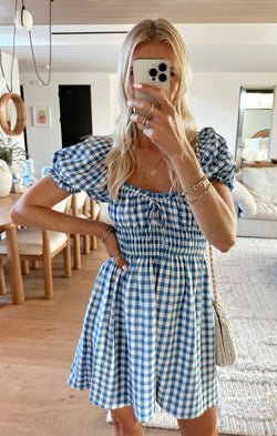 Blue gingham overall dress hotsell