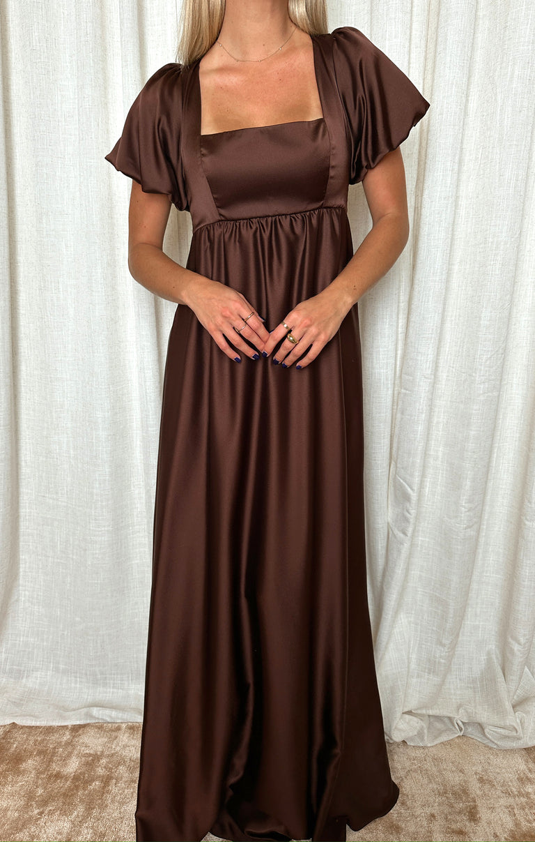 Nora Maxi Dress, in Chocolate Luxe Satin, Size: Small | Show Me Your Mumu