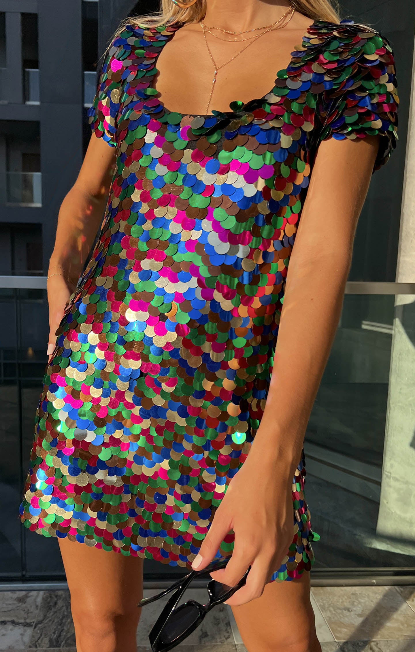 Amy Lynn Mimi festival disc sequin embellished mini dress in rainbow