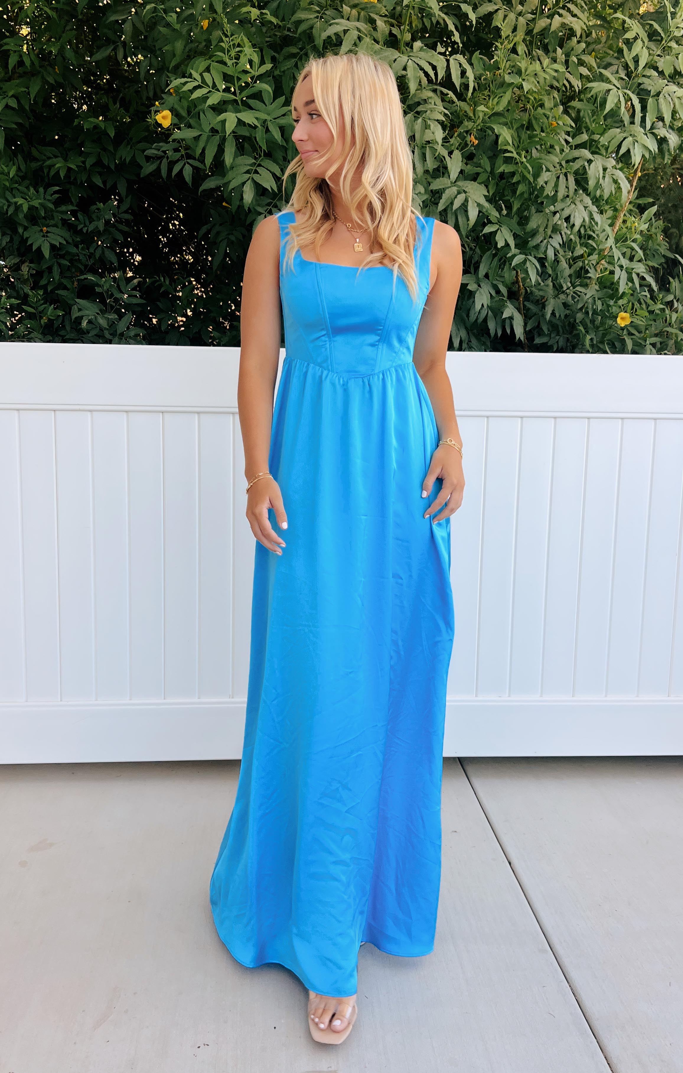 Nina Maxi Dress Azure Blue Luxe Satin – Show Me Your Mumu