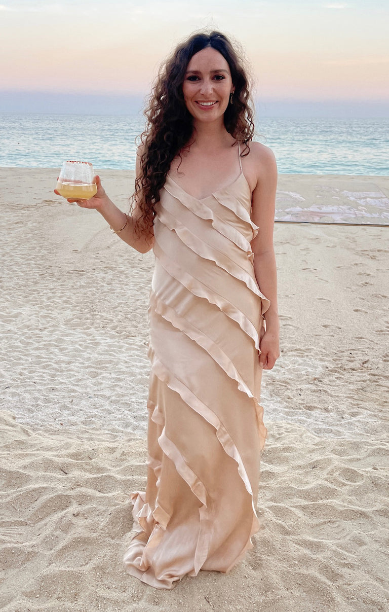 Romance Ruffle Dress, in Champagne Luxe Satin, Size: XS | Show Me Your Mumu | Bridesmaid Dresses Romance Ruffle Dress, in Champagne Luxe Satin, Size: XS | Show Me Your Mumu | Bridesmaid Dresses