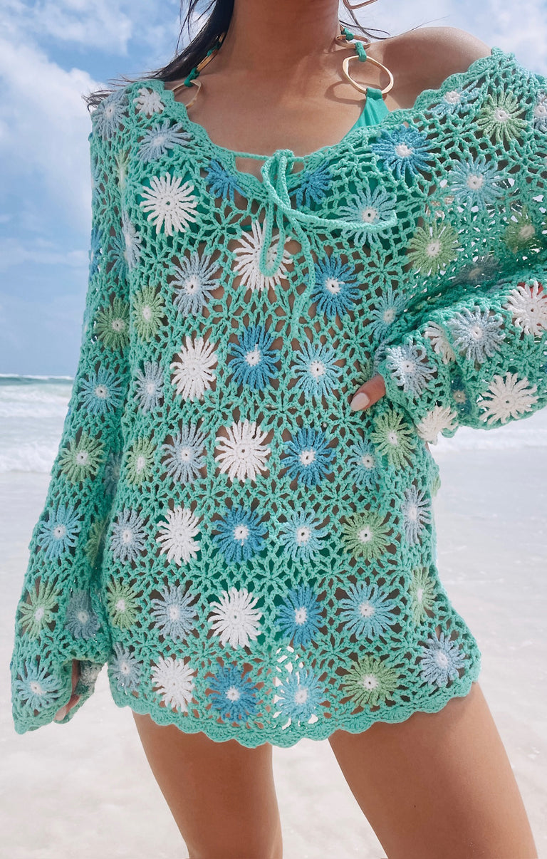 Vacay Mini Dress Coverup, in Blue Multi Floral Crochet