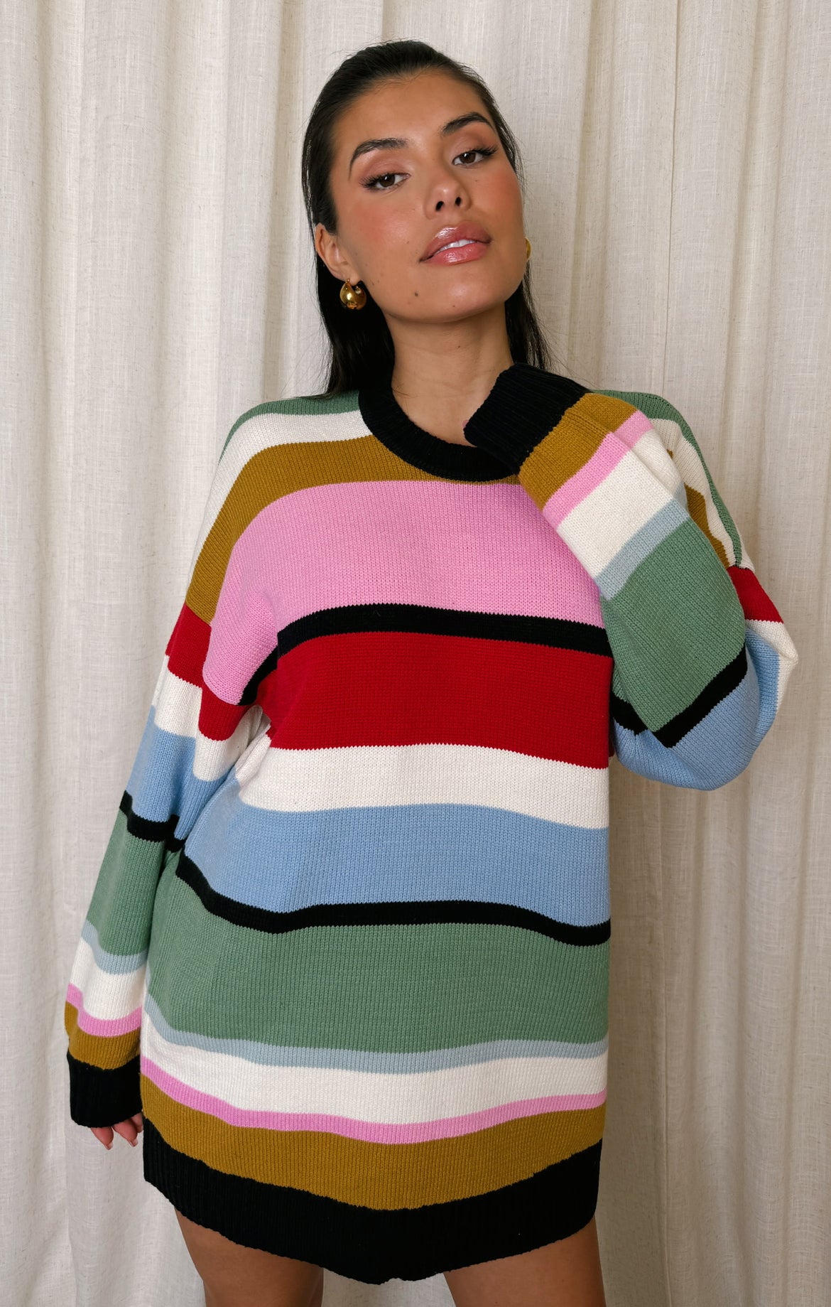 (取寄) ショウ ミー ユア ムームー レディース ティモシー チュニック セーター Show Me Your Mumu women Timothy Tunic Sweater Neutral Multi Stripe Knit Timothy Tunic Sweater ~ Neutral Multi Stripe Knit – Show Me