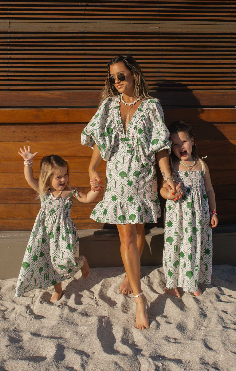 Lola Smocked Dress, in Coastal Collage