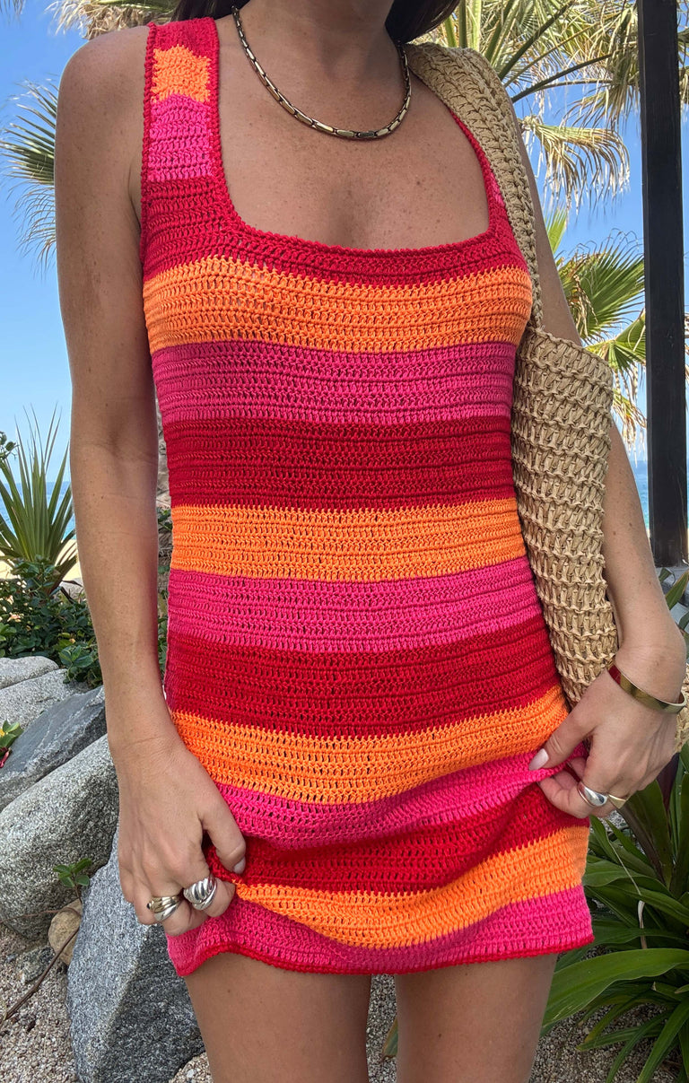 show me your mumu crochet dress Day Trip Dress, in Oasis Stripe, Size: XS HS--620443403 Hand wash recommended Color:Champagne Blush Summer A Line Sleeveless Dress 70s