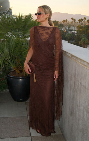 Angelina Maxi Dress ~ Chocolate Luxe Satin With Lace