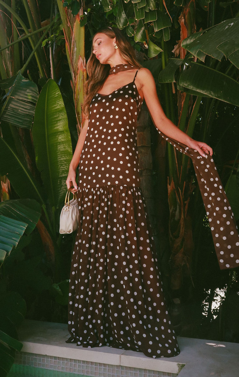 Dalia Maxi Dress, in Chocolate Brown Polka Dot, Size: XL | Show Me Your Mumu