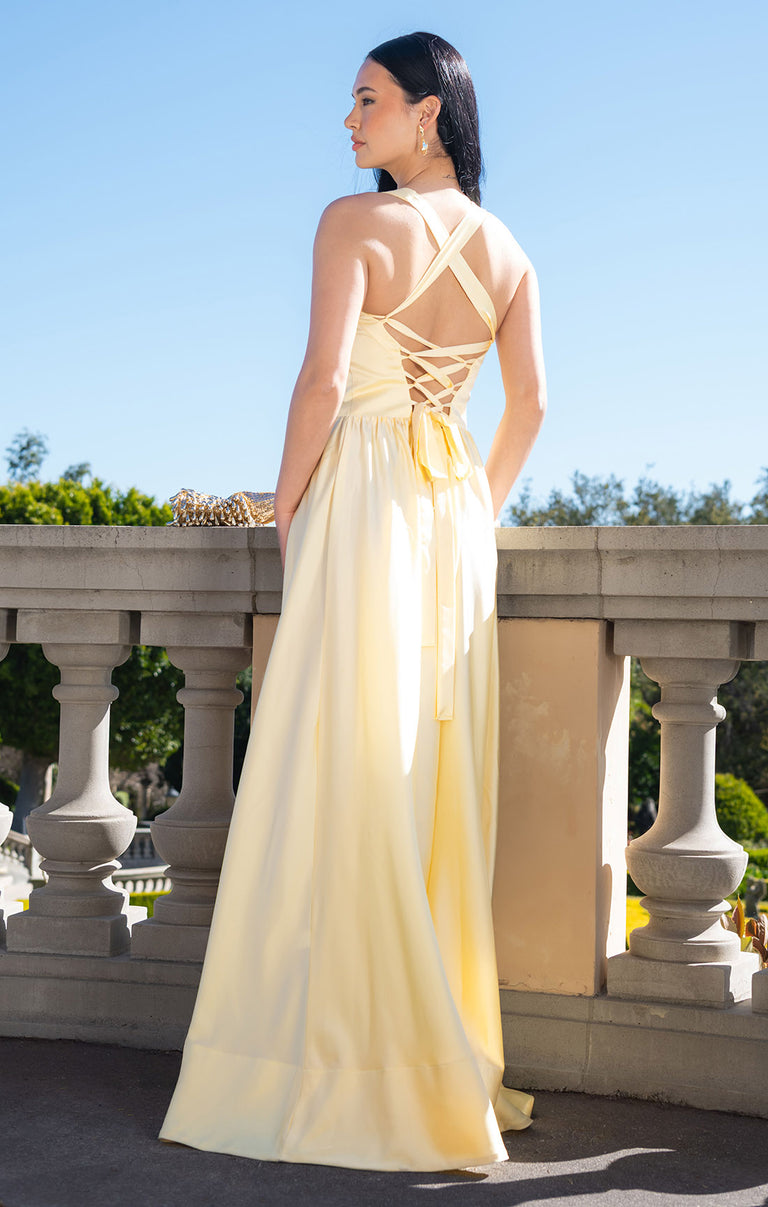 green emerald velvet dress Anderson Maxi Dress, in Pale Yellow Luxe Satin, Size: XL | Show Me Your Mumu main image 1