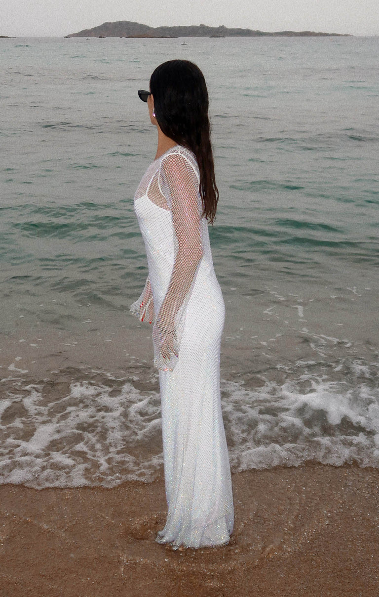 fitted lace wedding dress Iconic Maxi Dress, in White Glitz, Size: Xs