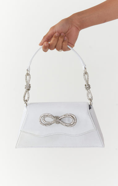 クラッチバッグ White Satin Signature Bow Ruffle Clutch Serena Satin Bow Clutch ~ White – Show Me Your Mumu