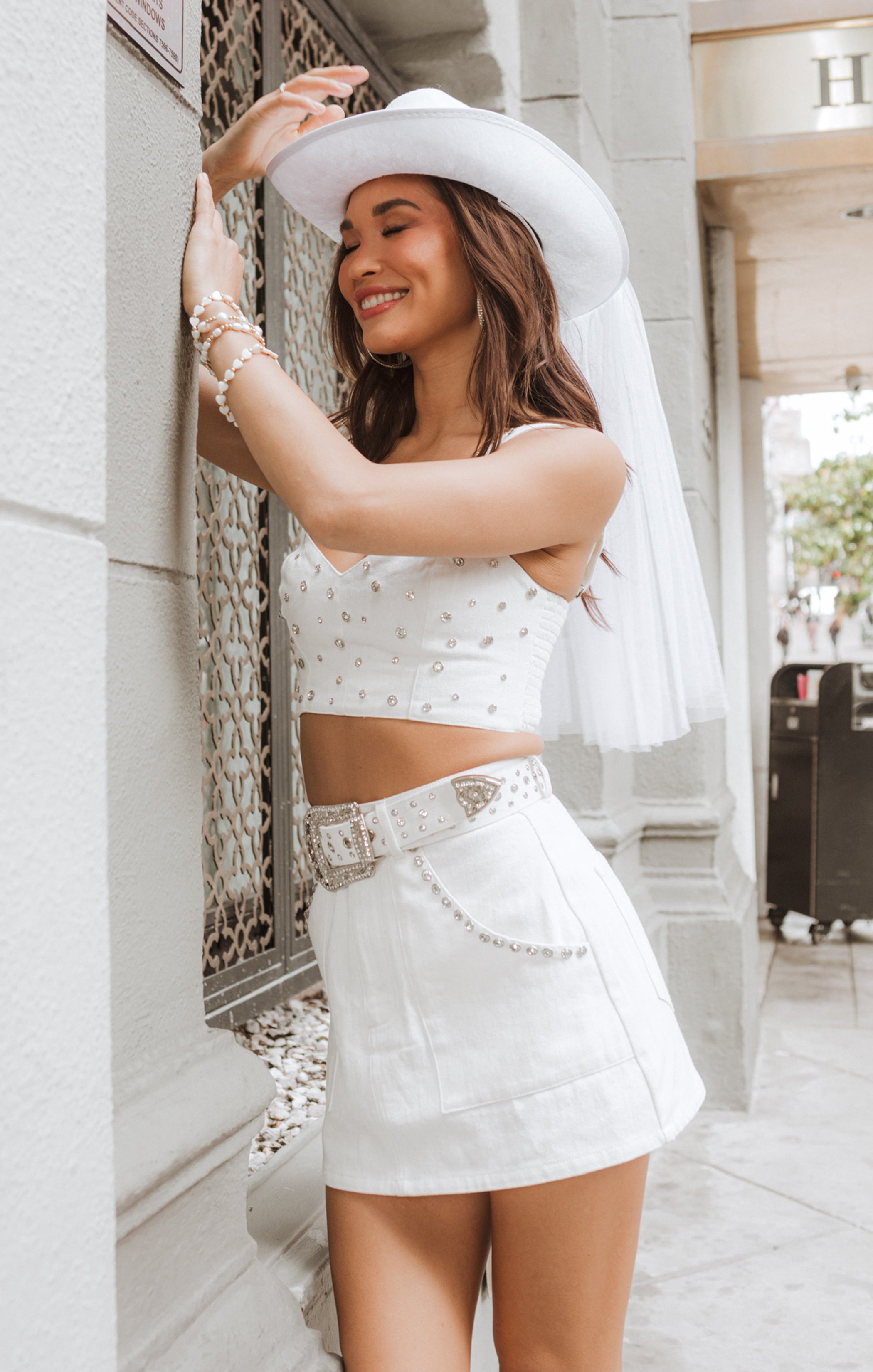 White denim skirt crop top sale