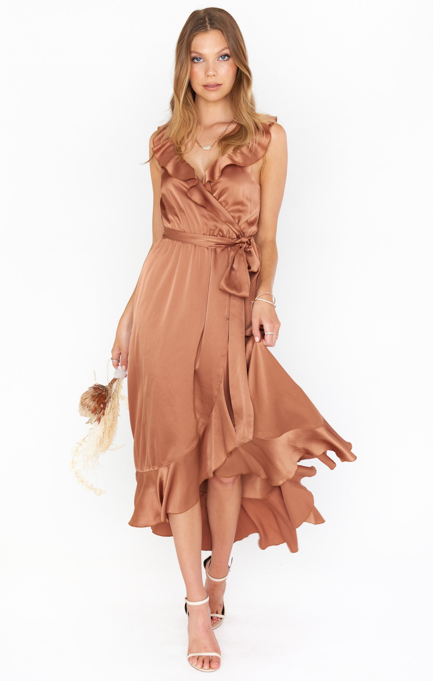 Samantha Ruffle Wrap Dress ~ Copper Luxe Satin