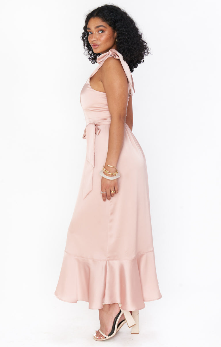 Claire Midi Dress ~ Rose Gold Luxe Satin M