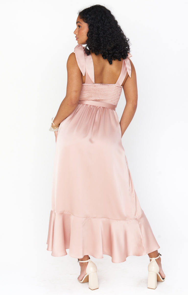 Claire Midi Dress ~ Rose Gold Luxe Satin M Claire Midi Dress ~ Rose Gold Luxe Satin M