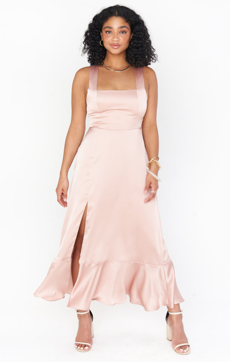 Claire Midi Dress ~ Rose Gold Luxe Satin M Claire Midi Dress ~ Rose Gold Luxe Satin M