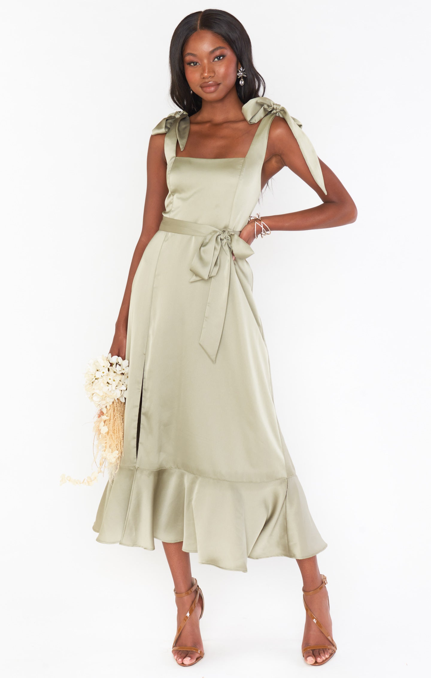 Claire Midi Dress, in Moss Green Luxe Satin, Size: XS | Show Me Your Mumu
