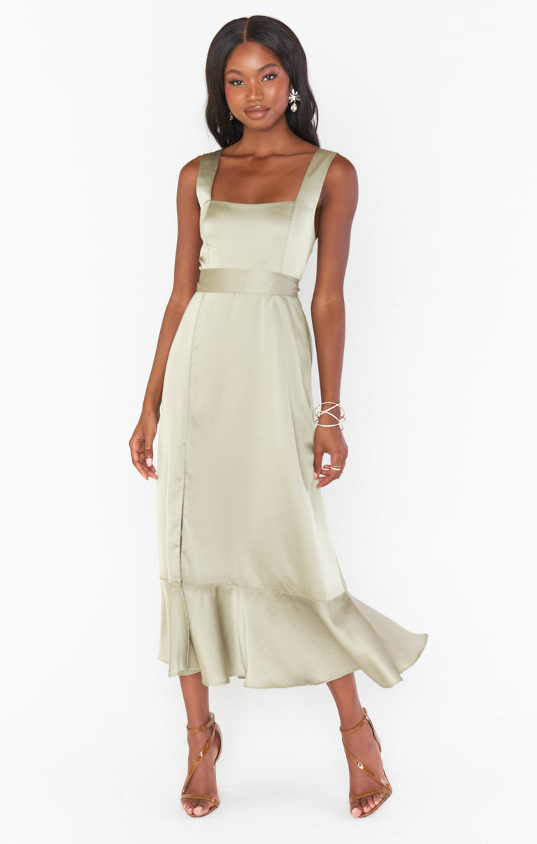 Claire Midi Dress, in Moss Green Luxe Satin, Size: XS | Show Me Your Mumu