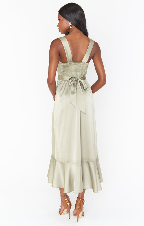 Claire Midi Dress, in Moss Green Luxe Satin, Size: XS | Show Me Your Mumu